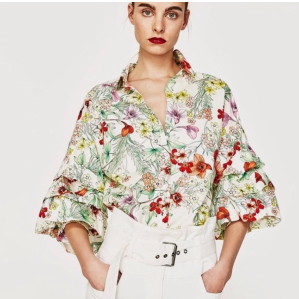 Zara White Floral Button-Up Blouse with Multicolor Print